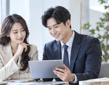 태블릿을 함께 보며 상담하는 두 전문가