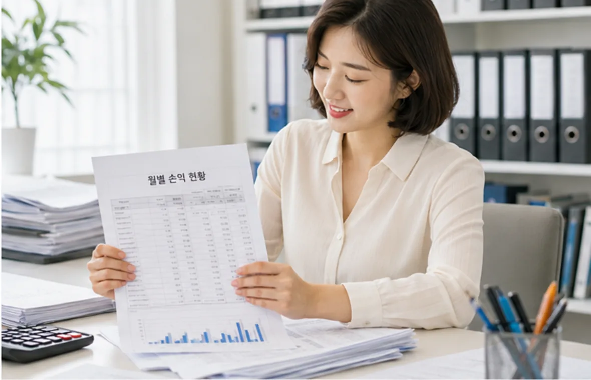 매출과 비용 자료를 월 단위로 정리하는 모습