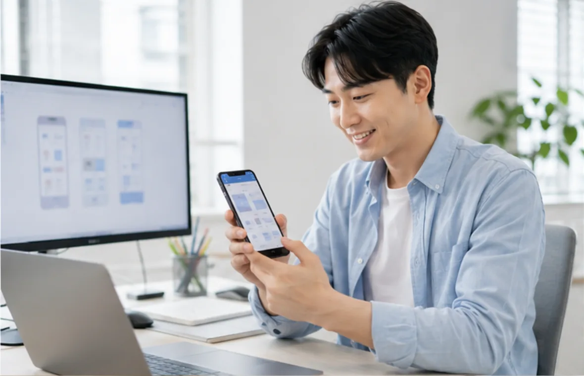 모바일 앱의 핵심 화면 흐름을 검토하는 모습