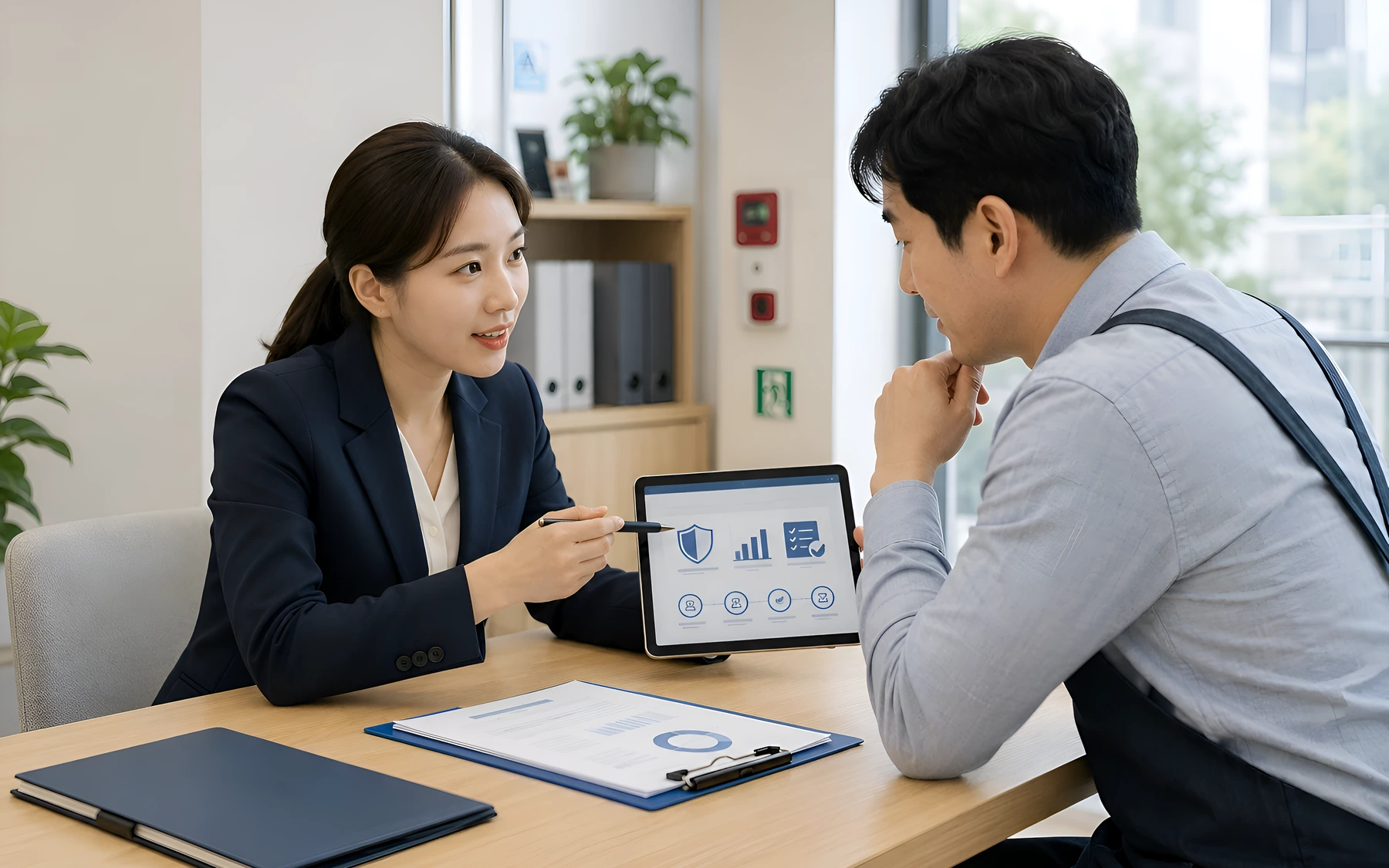 한국 사업자와 보험 담당자가 사업장 화재와 배상 보장 항목을 확인하는 모습