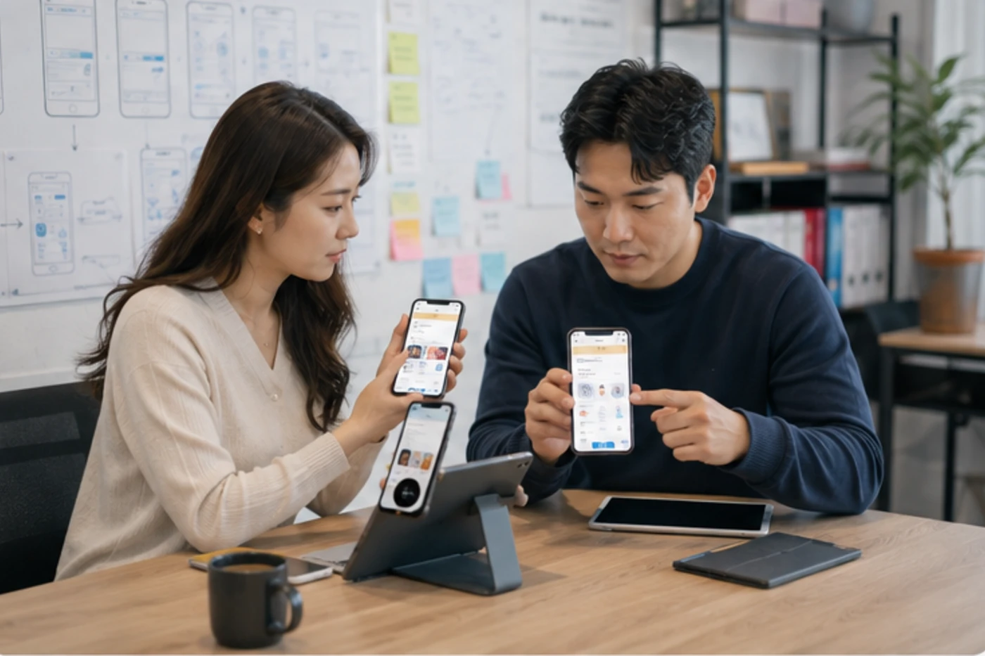 제품개발 스튜디오에서 여러 휴대폰으로 앱을 테스트하는 모습