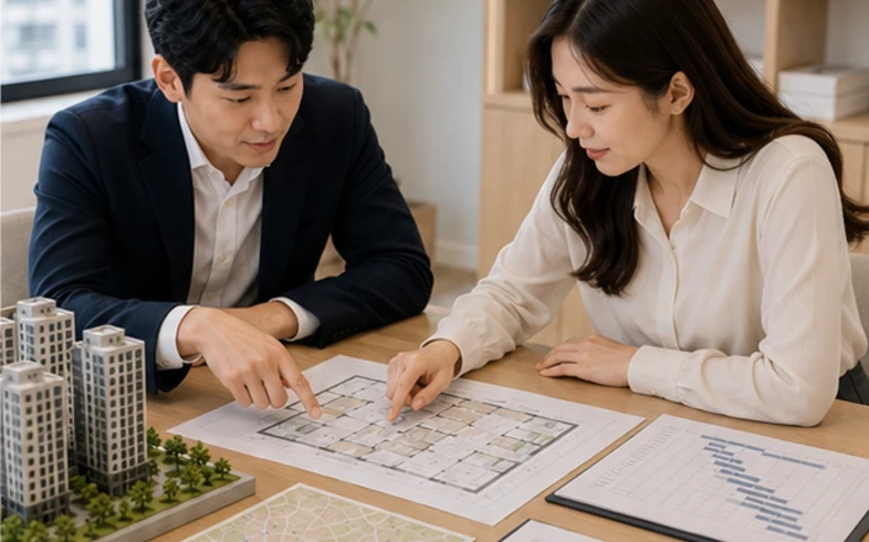 건물과 도면을 대조하며 사업 범위를 확인하는 현장