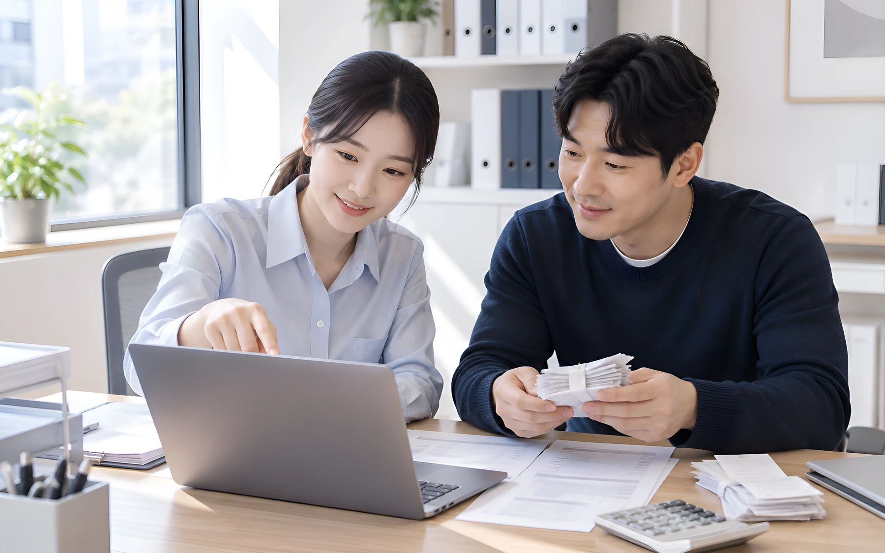 밝은 세무 사무실에서 담당자와 사업자가 신고 화면과 영수증을 확인하는 장면