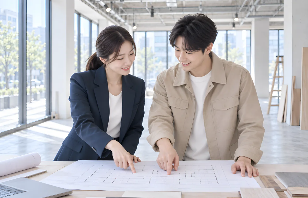 빈 매장에서 인수 예정 사장과 담당자가 평면도로 넘겨받을 공간과 권리 조건을 확인하는 모습
