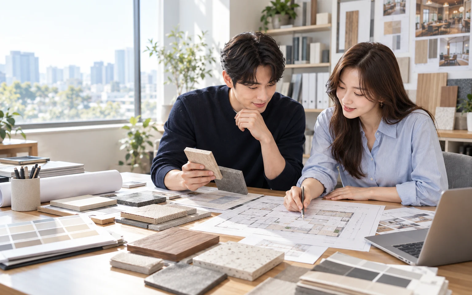 밝은 인테리어 스튜디오에서 담당자와 사업자가 도면과 마감재를 함께 확인하는 장면