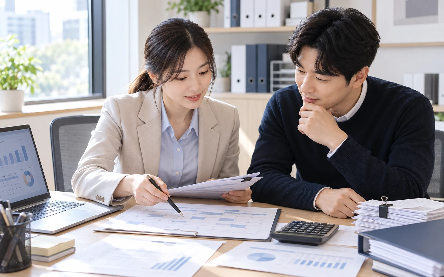 밝은 세무 사무실에서 담당자와 사업자가 신고 일정·증빙·회계관리 자료를 함께 확인하는 장면